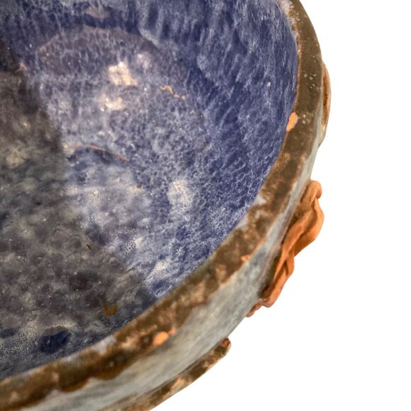 Whimsical Naive Blue Pottery Bowl Faces Mouse Rabbit Tree Balloons Sun And Moon - Picture 9 of 10